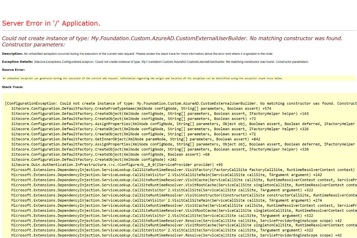 Sitecore 10 Identity Azure AD ExternalUserBuilder No matching constructor was found - Error Fix